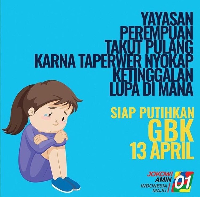 Yayasan perempuan takut pulang karena tupperware nyokap ketinggalan, lupa di mana siap putihkan GBK 13 April. Foto: instagram @teplete
