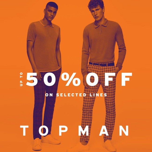 Para pria bisa menemukan berbagai busana menarik di Topman. Apalagi lini pria dari Topshop tersebut juga tengah menawarkan potongan harga. Dalam Mid-Season Sale kali ini, beberapa opsi Topman juga diskon hingga 50%. Foto: Twitter Senayan City