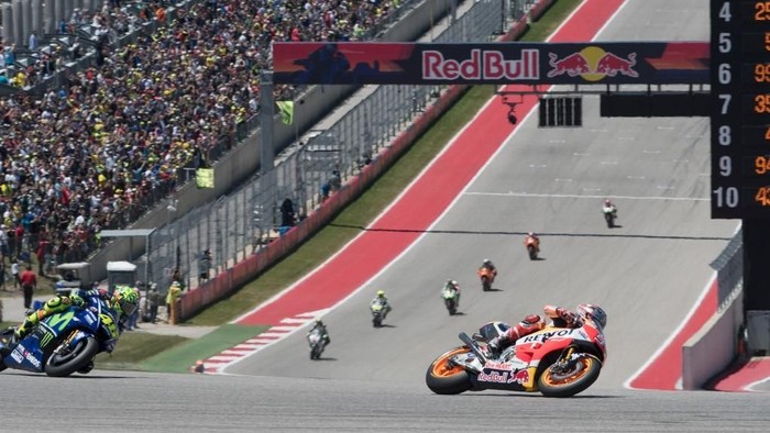 AUSTIN, TX - APRIL 23: Marc Marquez of Spain and Repsol Honda Team heads leads the field during the MotoGP race during the MotoGp Red Bull U.S. Grand Prix of The Americas - Race at Circuit of The Americas on April 23, 2017 in Austin, Texas.   Getty Images/Getty Images/AFP