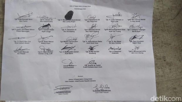 26 Ulama Aceh Teken Nota Kesepahaman dengan Prabowo-Sandi