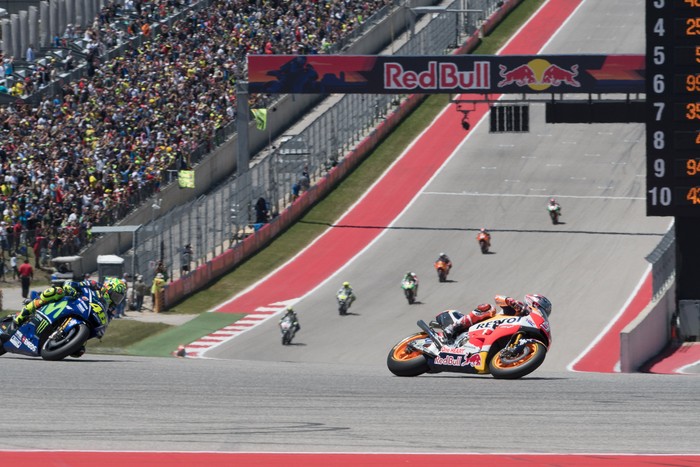 AUSTIN, TX - APRIL 23:  Marc Marquez of Spain and Repsol Honda Team heads leads the field during the MotoGP race during the MotoGp Red Bull U.S. Grand Prix of The Americas - Race at Circuit of The Americas on April 23, 2017 in Austin, Texas.  (Photo by Getty Images/Getty Images)
