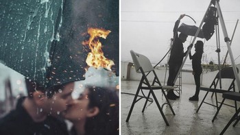 Gokil! ternyata dibalik foto romantis penuh dramatis ini diambil hanya menggunakan bangku, tripod serta air hujan palsu. (Foto: Instagram/omahi_)