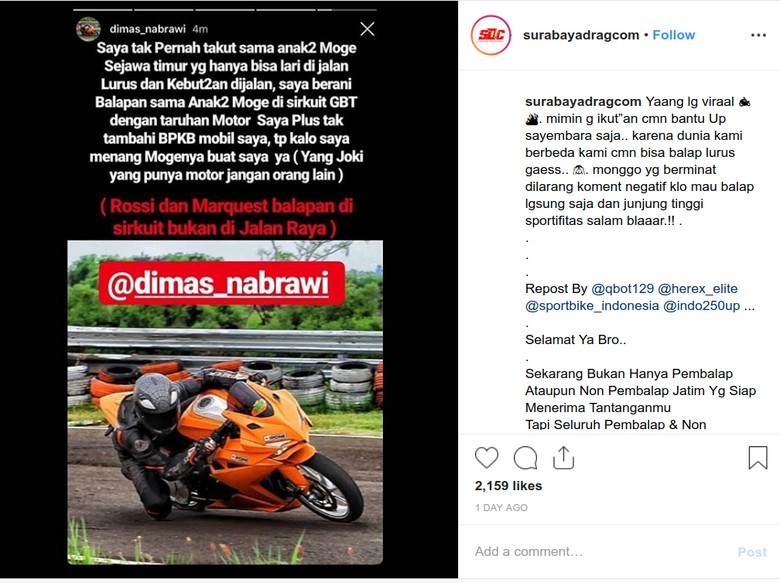Tantangan balapan CBR250RR vs moge batal. Foto: Instagram Tantangan balapan CBR250RR vs moge batal. Foto: Instagram