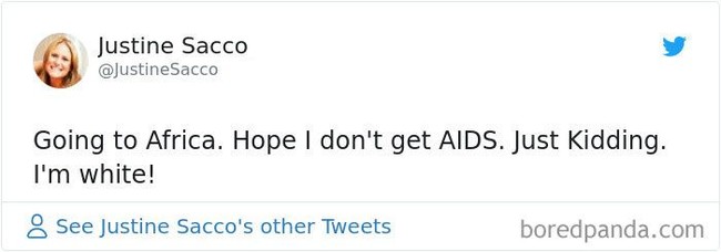 Wanita bernama Justine Sacco dipecat karena tweet yang rasis saat kunjungannya ke Afrika. Pergi ke Afrika. Semoga aku tidak terkena AIDS. Bercanda. Aku seorang kulit putih! Foto: Ist.