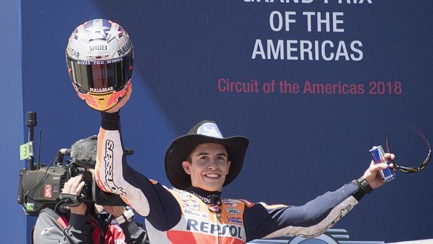 AUSTIN, TX - APRIL 22:  Marc Marquez of Spain and Repsol Honda Team celebrates the MotoGP victory on the podium at the end of the MotoGP race during the MotoGp Red Bull U.S. Grand Prix of The Americas - Race at Circuit of The Americas on April 22, 2018 in Austin, Texas.  (Photo by Getty Images/Getty Images)