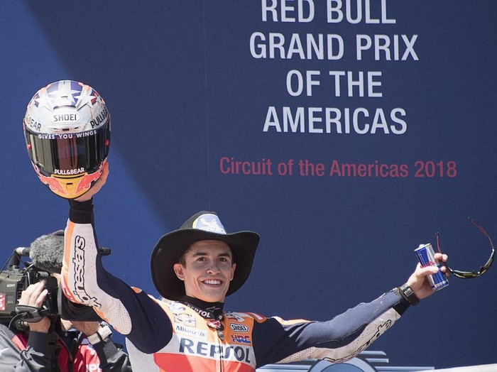 AUSTIN, TX - APRIL 22:  Marc Marquez of Spain and Repsol Honda Team celebrates the MotoGP victory on the podium at the end of the MotoGP race during the MotoGp Red Bull U.S. Grand Prix of The Americas - Race at Circuit of The Americas on April 22, 2018 in Austin, Texas.  (Photo by Getty Images/Getty Images)
