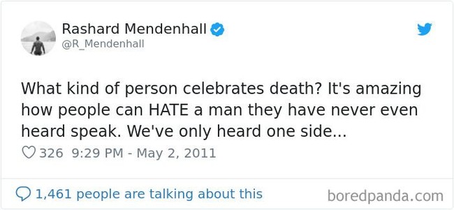 Seorang pemain football kehilangan endorsement dan dipecat setelah posting tentang kematian Osama bin Laden. Orang macam apa yang merayakan kematian? Luar biasa orang bisa begitu BENCI dengan pria yang bahkan mereka tidak pernah tahu. Kita hanya dengar dari satu sisi. Foto: Ist.