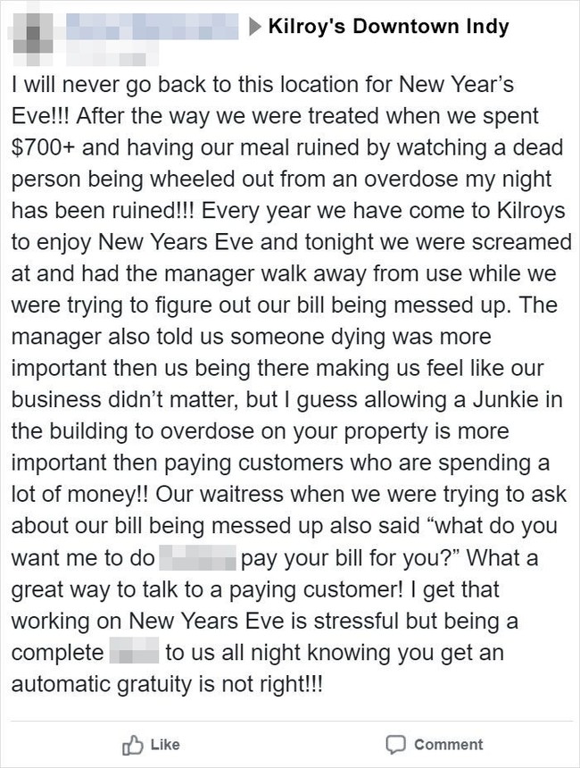 Seorang pegawai salon sedang menghabiskan malam Tahun Baru di sebuah restoran. Namun ia tak senang dengan pengalaman makan di sana dan curhat di Facebook. Selera makanku rusak melihat orang mati dibawa karena overdosis membuat malamku berantakan!!! Ternyata yang dimaksud adalah wanita 70 tahun yang mendapat serangan jantung saat sedang makan di restoran itu. Publik pun menghujat si pegawai hingga terdengar sampai ke pemilik salon yang langsung memecatnya. Selain kehilangan pekerjaan, wanita itu juga hilang dari media sosial. Foto: Ist.