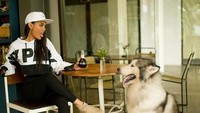 Begini aksi Erika keren saat ngopi bareng anjing yang lucu dan imut, di salah satu kafe dengan konsep kekinian.  Foto: Instagram @eri.carl