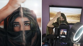 Seperti ini, tidak perlu ke padang pasir, cukup menggunakan televisi untuk menampilkan backgroud. Foto: Omahi