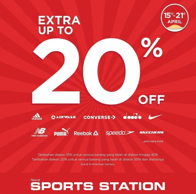 Ingin mencari yang pilihan yang lebih banyak? Sports Station bisa jadi destinasi Anda cari sepatu baru setelah nyoblos pemilu 2019. Hingga 21 April, Anda bisa mendapat ekstra diskon 20% untuk brand Converse, New Balance, Puma, hingga Reebok. Foto: Instagram
