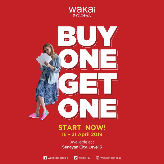 Anda juga bisa mendapati sepatu Wakai dengan promo menarik. Brand asal Jepang itu menghadirkan program Buy 1 Get 1 hingga 21 April. Penawaran berikut tersedia di Senayan City Level 3. Foto: Instagram