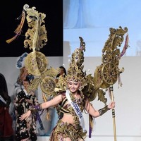 Puteri Indonesia Lingkungan Chintya Fabyola mengenakan kostum nasional bertemakan Legend of Tribhuwana Tunggadewi saat berkompetisi di Miss International 2015. Kostum terinspirasi dari Kerajaan Majapahit, menggambarkan sosok wanita sebagai seorang pemimpin. Kostum seberat 22 kg ini dibuat selama dua bulan. Foto: AFP