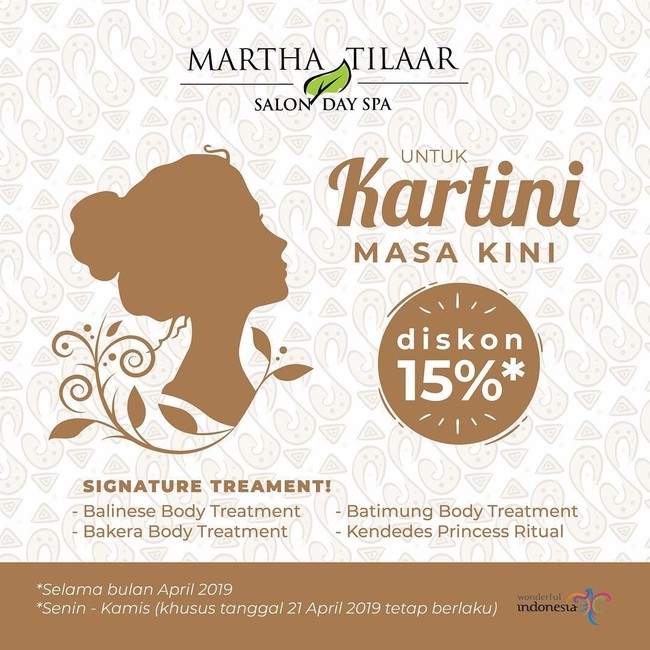 Ingin memanjakan diri dengan spa? Martha Tilaar menawarkan potongan diskon untuk memanjakan para Kartini modern. Diskon 15% diberikan untuk Balinese Body Treatment, Bakera Body Treatment, Batimung Body Treatment, dan Kededes Princess Ritual. (Foto: Dok. Instagram)