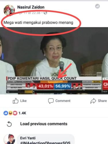 Postingan hoax seolah Megawati mengakui klaim kemenangan Prabowo.