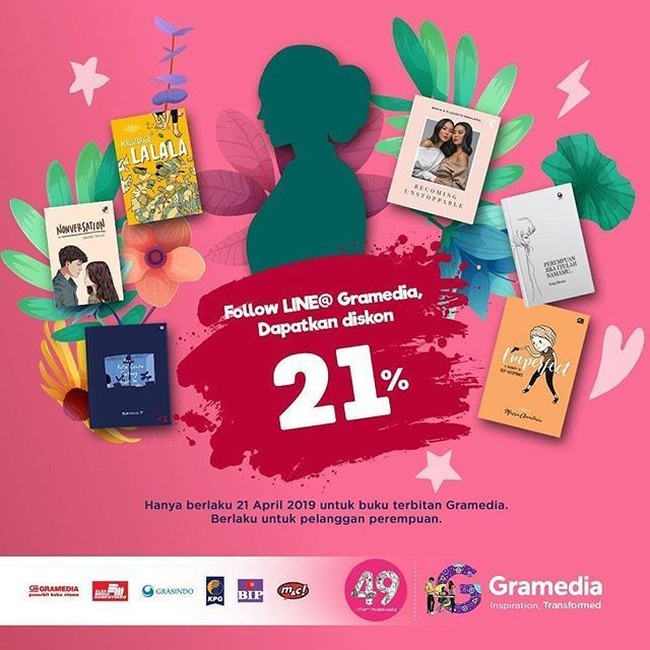 Para wanita pecinta buku juga bisa menikmati diskon spesial. Gramedia menawarkan potongan harga 21% dengan syarat ketentuan yang terlihat pada gambar.  (Foto: Dok. Instagram)