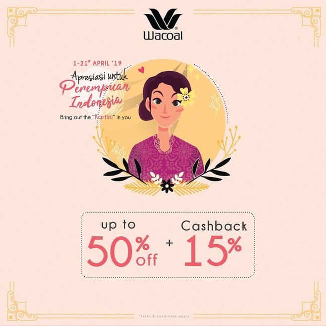 Menyambut Hari Kartini 2019, Wacoal memberikan promo spesial untuk Anda yang ingin beli pakaian dalam. Nikmati diskon 50% sekaligus cashback 15% untuk pembelian produk tertentu. Adapun voucher senilai Rp 50 ribu untuk pembelanjaan Travel Bra, Wacoal New Magic Bra, Gococi, Luludi New Natural Bra & Wacoal Simply Fit. ⁣(Foto: Dok. Instagram)
