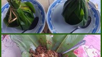 Begini cara membuka dan menyantap toge goreng yang dibungkus daun patat. Aroamnya makin sedap. Foto: Instagram @amii_wulan