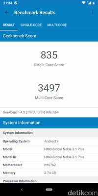 Hasil benchmark Nokia 3.1 Plus.