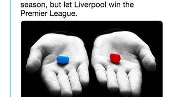 Pil Biru: Biarkan City menang, setop Liverpool, bermain Eropa League musim depan. Pil Merah: Menangkan pertandingan, masuk 4 besar dan main di Liga Champions musim depan tapi membiarkan Liverpool juara Liga Inggris. Foto: istimewa