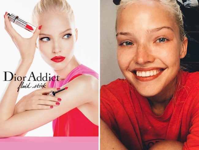 Sasha Luss tampil memikat dalam iklan Dior. Wajahnya tampak fierce apaladi dengan makeup smokey eyes dan lipstik merah. Dalam keseharian, ia terlihat lebih manis ketika menanggalkan makeup dan busana desainer. Foto: Instagram