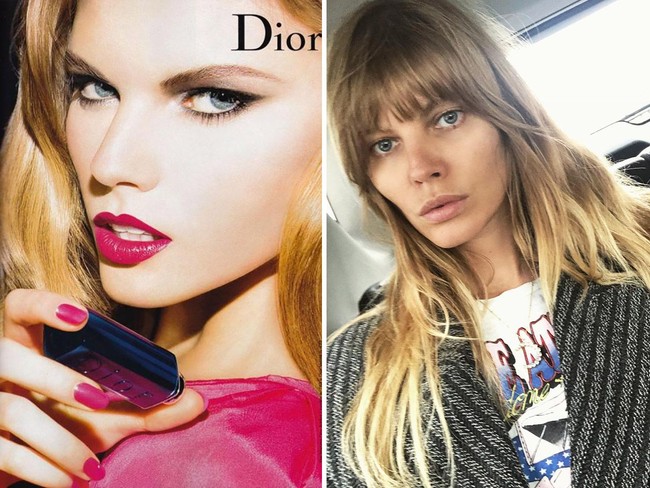 Tampilan Maryna Linchuk dalam iklan Dior cukup bikin pangling. Tanpa makeup tebal yang menonjol, Maryna tentu tetap cantik dengan bentuk wajahnya yang unik. Namun kedua foto ini seperti menampilkan dua wanita yang berbeda. Foto: Instagram