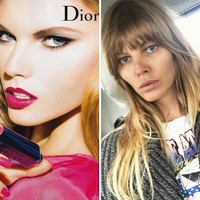 Tampilan Maryna Linchuk dalam iklan Dior cukup bikin pangling. Tanpa makeup tebal yang menonjol, Maryna tentu tetap cantik dengan bentuk wajahnya yang unik. Namun kedua foto ini seperti menampilkan dua wanita yang berbeda. Foto: Instagram