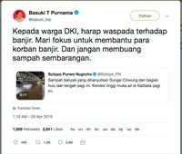 Komentari Banjir Jakarta, Ahok Ajak Bantu Para Korban