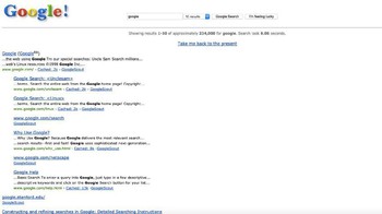 Mencari Google in 1998 di Google search akan memunculkan hasil pencarian dengan laman jadul. (Foto: screenshot Google search)