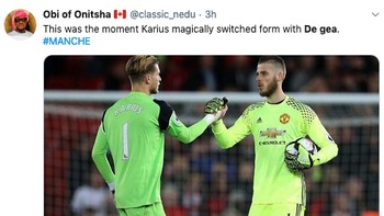 Momen ini disebut sebagai saat De Gea secara magis bertukar performa dengan Karius. (Foto: Internet/Twitter)