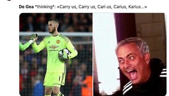 Dari usaha carry us De Gea buat MU, eh malah jadi Karius. Jose Mourinho pun tertawa. (Foto: Internet/Twitter)