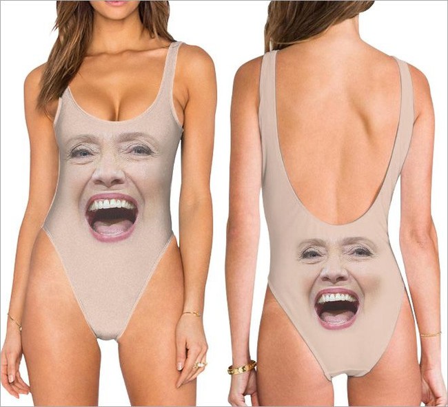 Rival Donald Trump di pemilu presiden AS 2016, Hillary Clinton, juga muncul di koleksi baju renang ini. Ekspresi Hillary ketika sedang tertawa menjadi pilihan Beloved. Foto: Dok. Beloved
