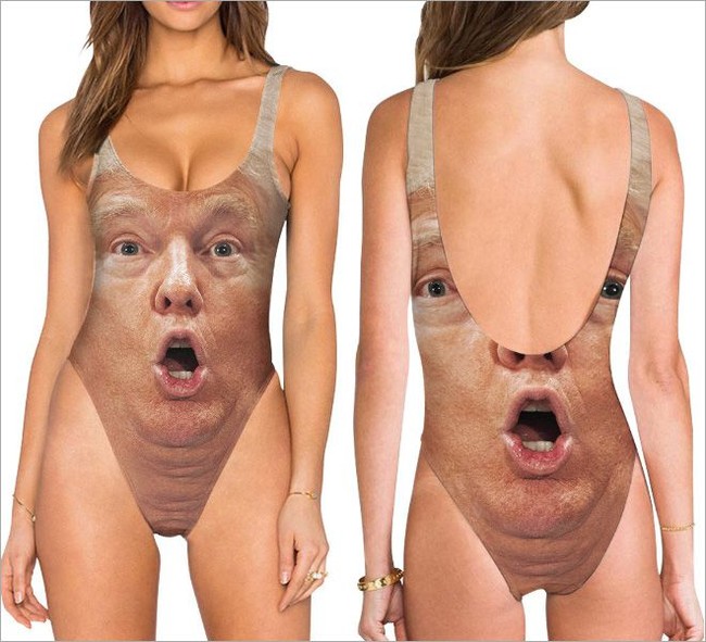 Menjelang musim panas, label pakaian Beloved merilis koleksi baju renang perempuan. Koleksinya unik karena baju renang tersebut tampil dengan wajah para pemimpin dunia, tanpa terkecuali Presiden Amerika Serikat Donald Trump. Foto: Dok. Beloved