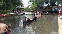 Sebagian besar warga datang menggunakan mobil bak terbuka. Mereka memanfaatkan bak mobil untuk mengangkut karpet masjid yang hendak dicuci (Aji Kusuma/detikcom)