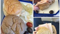 Disajikan hidangan burger. Penumpang yang satu ini malah dapat burger asal, yang disajikan dari roti bun dingin, irisan daging tipis, hingga sayuran yang sudah layu. Foto: Istimewa