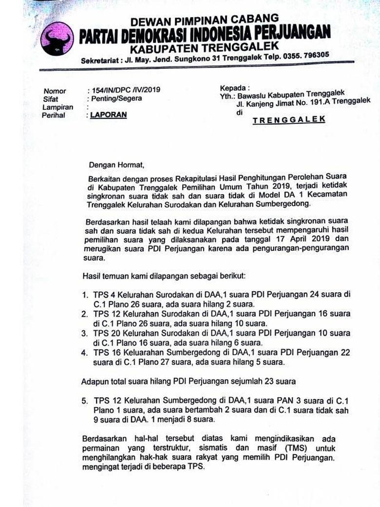 Berpotensi Kehilangan Satu Kursi, PDIP Trenggalek Laporkan Suara Hilang Berpotensi Kehilangan Satu Kursi, PDIP Trenggalek Laporkan Suara Hilang