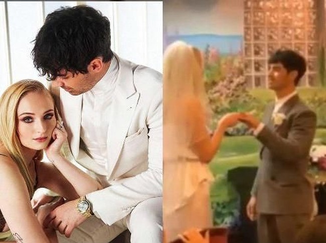 Sophie Turner dan Joe Jonas menikah di Las Vegas. Dalam pernikahannya itu, Sophie menggunakan celana dan atasan tanpa lengan. Baju sederhananya itu dipadankan dengan veil. Foto: dok. Instagram