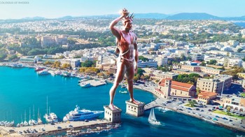 Ini keadaannya jika masih berdiri dengan render 3 dimensi. Monumen dibuat dari lelehan senjata pasukan Cypriot (Cyprus) yang ditaklukkan pasukan Rhodes. Celah di dua kaki jadi jalan bagi kapal. Butuh 12 tahun membuat Colossus of Rhodes, yang dibangun di 282 SM. Sayang, ia hanya berdiri selama 60 tahun sebelum gempa Bumi mengancurkannya. Foto: Budget Direct
