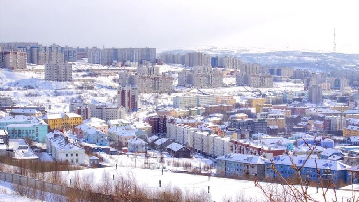 The polar city of Murmansk, built on the banks of the Kola Bay on the hills