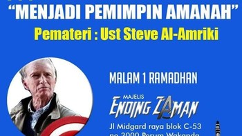 Steve Rogers Jadi Pembuka Kajian di malam 1 Ramadhan. Captain America alias Steve Rogers juga memberi kajian dengan tema Menjadi Pemimpin Amanah. Namanya diplesetkan menjadi Ust. Steve Al Amriki. Foto: Istimewa