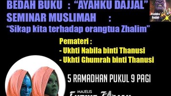Kedua Putri Thanos Bikin Bedah Buku Ayahku Dajjal. Dua putri Thanos, Nebula dan Gamora membuat bedah buku dengan tema Ayahku Dajjal dan seminar muslimah Sikap kita terhadap orangtua zalim. Nebula dan Gamora digambarkan memakai kerudung. Kajian digelar di Perumahan Wakanda. Foto: Istimewa