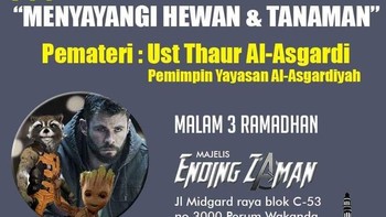 Kini Giliran Thor yang juga menjadi pembicara dalam kajian bertema Menyayangi Hewan dan Tanaman. Thor di sini menjadi pemimpin yayasan Al-Asgardiyah yang merupakan plesetan tempat tinggal Thor. Foto: Istimewa