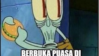 Meme Spongebob juga ada yang bertema batal puasa, seperti Squidward yang makan burger diam-diam (Twitter)