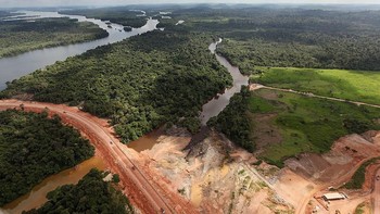 Pembuatan dam di hutan Amazon, Brasil. habitat yang menyusut, eksploitasi sumber daya alam, perubahan iklim dan polusi merupakan alasan utama kepunahan pesat banyak spesies. Hal itu menimbulkan ancaman pada 40% amfibi, 33% terumbu karang dan lebih dari sepertiga mamalia laut. Foto: Getty Images