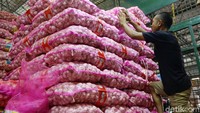 Pekerja menata tumpukan karung bawang putih di Pasar Induk Kramat Jati, Jakarta, Selasa (7/6/2019).