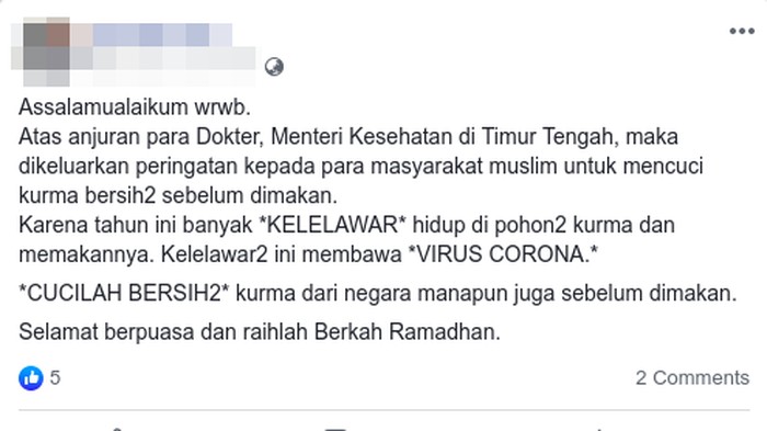 Beredar kabar kalau kurma berisiko terkontaminasi virus corona. (Foto: Screenshot Facebook) Beredar kabar kalau kurma berisiko terkontaminasi virus corona. (Foto: Screenshot Facebook)