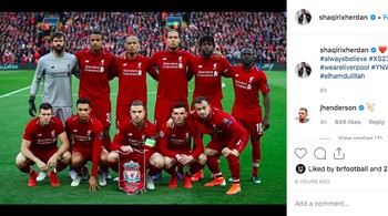 Xherdan Shakiri memajang foto skuad Liverpool kala melawan Barcelona selama dengan berbagai hashtag yang memperlihatkan kegembiraannya. Foto: Instagram