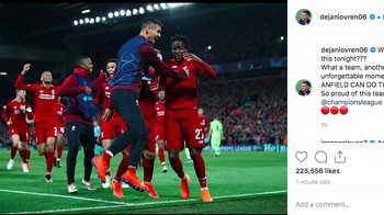 “Apa-apaan ini? Momen tak terlupakan, hanya Anfield yang bisa melakukan ini,” tulis Dejan Lovren. Foto: Instagram