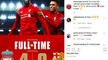 Steven Gerrard tak ketinggalan mengucap selamat dengan memajang skor serta foto Wijnaldum dan Trent Arnold. Foto: Instagram