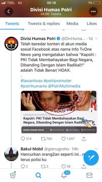 Blog yang menuliskan pemberitaan seolah-olah Kapolri menyebutkan bahwa PKI tidak membahayakan dipastikan hoax.